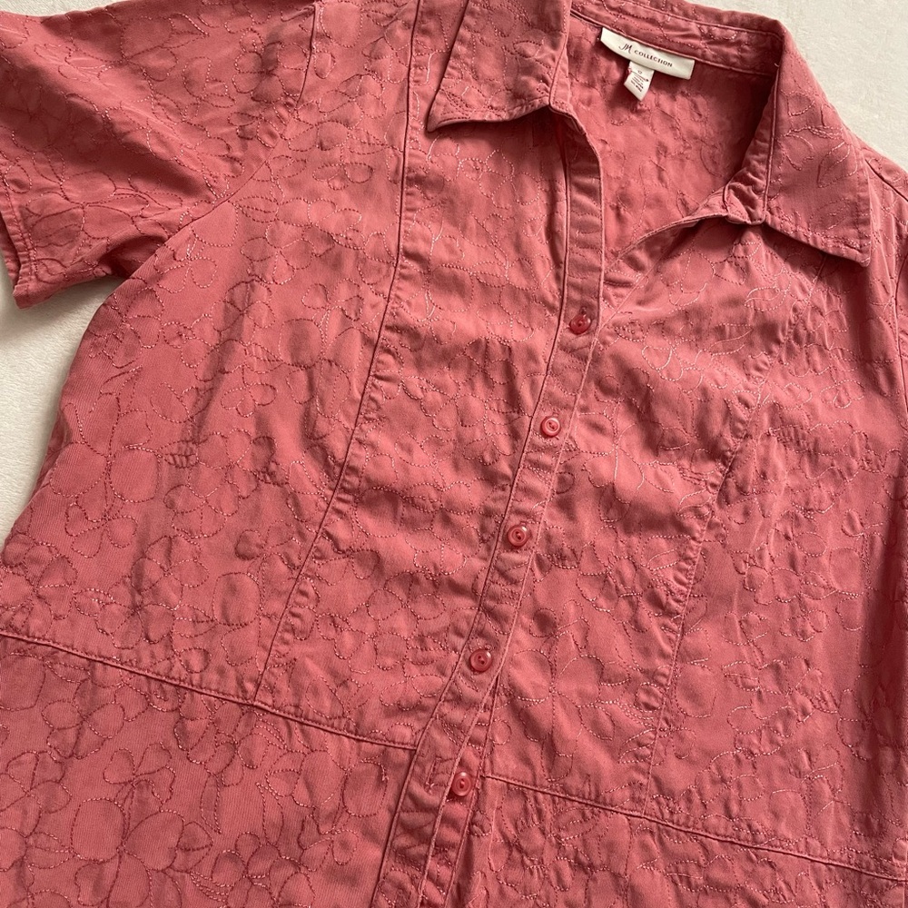 Rose Pink Embroidered Floral Button-Up Cottage-Core‎ Shirt